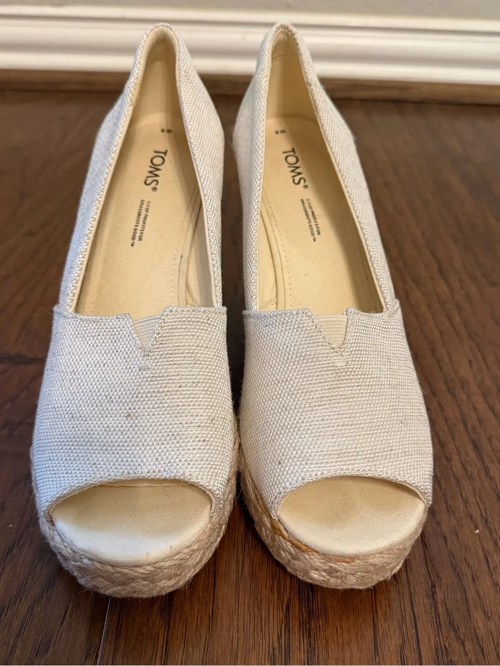 TOMS Michelle Natural Canvas Espadrille Open Toe Wedge Sandals Size 8 - Picture 15 of 15
